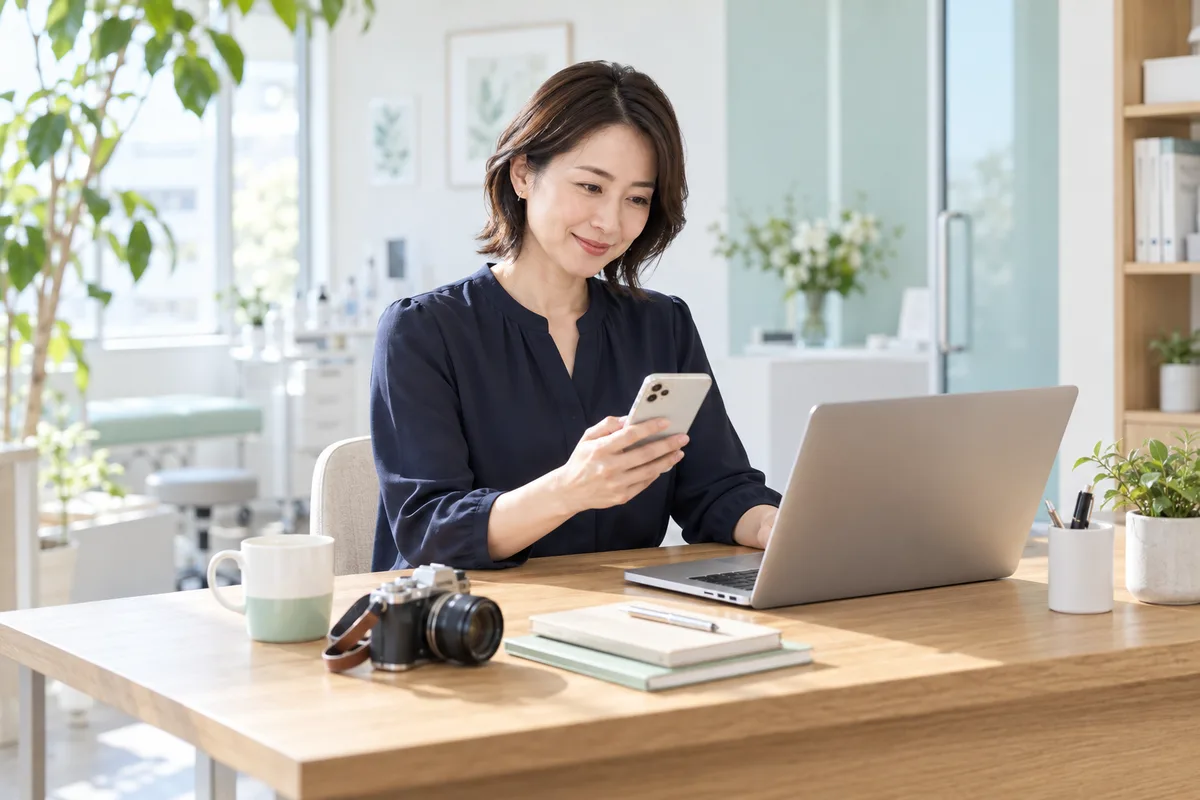 スマートフォンとパソコンで院のお知らせを制作するスタッフのイメージ