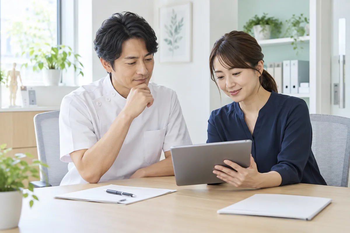 資料とタブレットを使って院の運営を相談するスタッフのイメージ